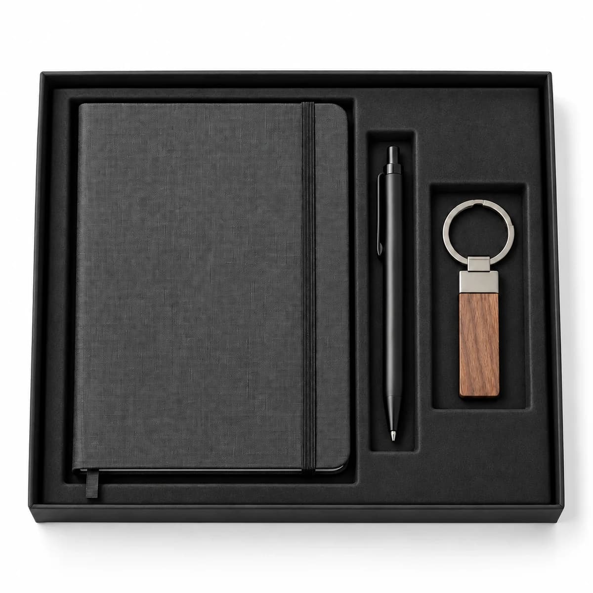 Notebook, pen and natural-look keyring pack