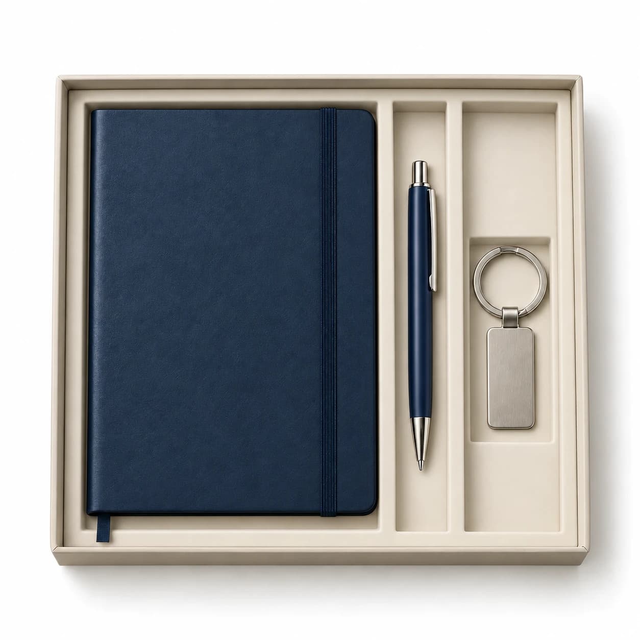 Elastic notebook, pen and keyring trio