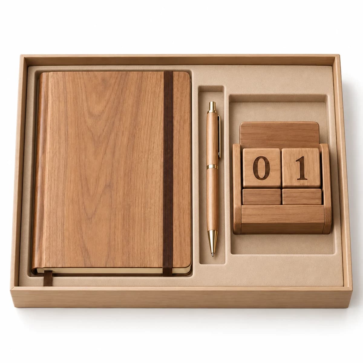 Wooden diary, pen and calendar pack